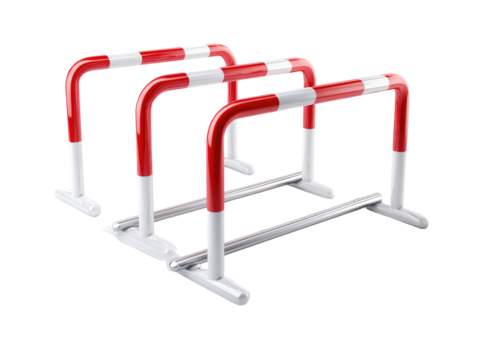 Three pairs of red and white striped safety barriers