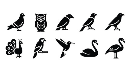Naklejka premium Vector silhouette illustration a compilation of bird silhouettes showcasing an eagle, hummingbird, and crow
