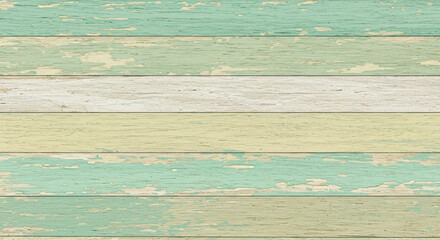 Rustic wood background with weathered, peeling paint in pastel colors. Horizontal planks with a distressed, shabby chic texture in mint green, yellow, and white for vintage or coastal design concepts.