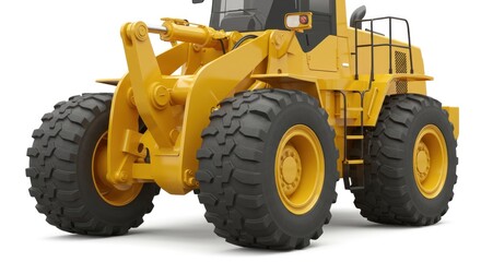 Obraz premium A large, bright yellow construction machine with thick black tires, heavy machinery, and a raised front bucket, set against a white background