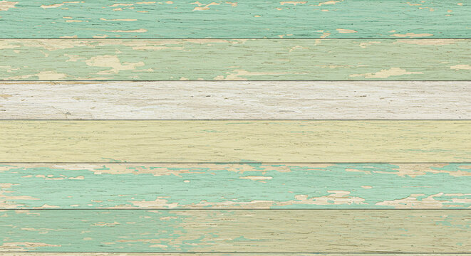 Rustic wood background with weathered, peeling paint in pastel colors. Horizontal planks with a distressed, shabby chic texture in mint green, yellow, and white for vintage or coastal design concepts. - Powered by Adobe