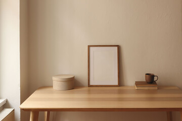 Wooden vertical picture frame, poster mockup on table. Minimalist home interior. Coffee cup, books, round storage box against beige wall background. Cozy natural workspace. Reading corner, warm tones.