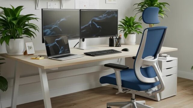 Bright office setup with laptop, dual monitors, blue chair, and potted plants