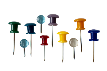 10 pieces of push pins, each in different colors and sizes, on a Transparent background PNG