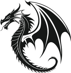 Vector art of a powerful dragon with large wings and a curved tail is depicted in a black silhouette