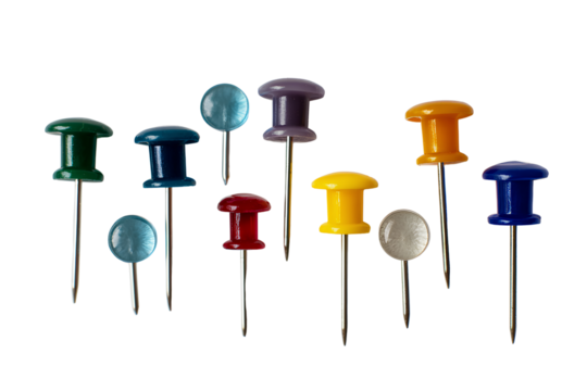 10 pieces of push pins, each in different colors and sizes, on a Transparent background PNG