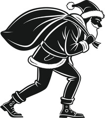 Fototapeta premium Vector art of santa claus carrying a big sack full of gifts for christmas in a black and white vector