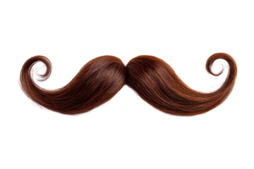 A detailed brown curly mustache with distinct ends isolated on transparent background