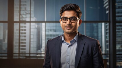 Fototapeta premium Young South Asian man in a suit, confidently posing in an office setting with cityscape backdrop.