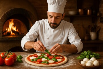  A professional male pizza chef in a traditional uniform carefully places fresh basil leaves on an uncooked Margherita pizza in a rustic kitchen with a wood-fired oven.
