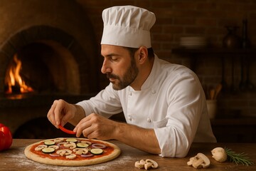  Pizza chef seen from the opposite side, garnishing a vegetable pizza with fresh spinach in a rustic pizzeria kitchen. Ingredients like flour and tomato sauce are visible in bowls.