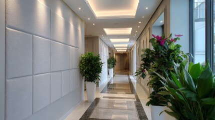 Modern office corridor with plants and elegant lighting