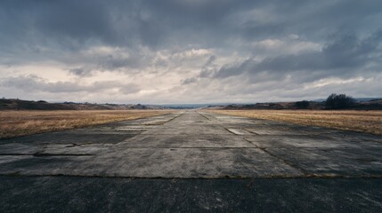 Empty runway under a cloudy sky