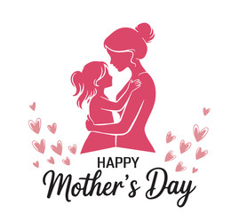 Silhouette shows a mother embracing child, celebrating Mother's Day with hearts scattered around