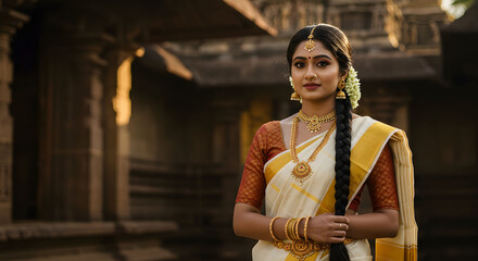 Fototapeta premium Beautiful Indian Woman in Traditional Attire at Temple