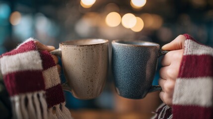 Two hands in scarves holding mugs and clinking them together