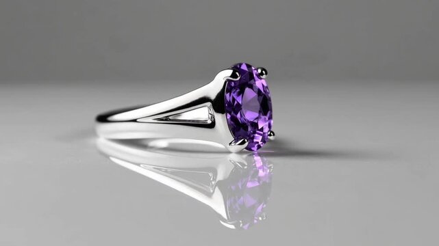 Elegant silver ring with amethyst on a white background 