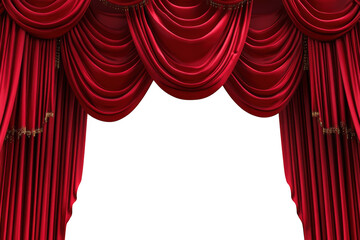 Luxurious red velvet drapes adorned with gold trim isolated on transparent background