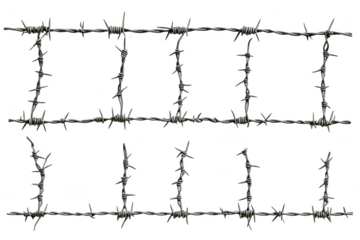 Sharp barbed wire fence sections forming abstract geometric shapes isolated on transparent background