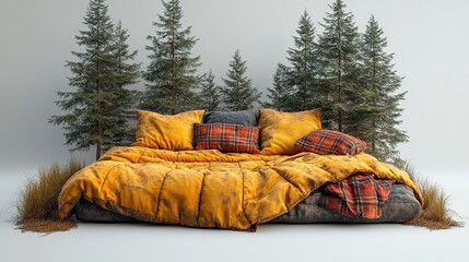 Cozy outdoor themed bed with mustard yellow bedding plaid accents and pine trees evoking rustic comfort nature inspired decor glamping style and serene wilderness retreat