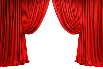 Rich red velvet stage curtains partially drawn open revealing a dramatic entrance isolated on transparent background