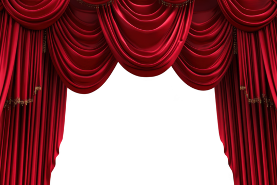 Luxurious red velvet drapes adorned with gold trim isolated on transparent background