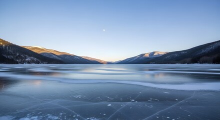 Frozen Lake with Mountains and Moon in the Sky