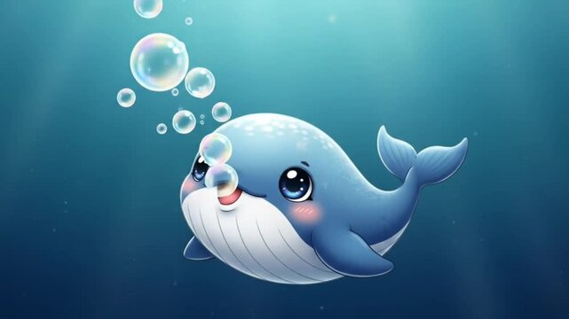 Cute cartoon whale blowing bubbles underwater, ocean life, marine animal, bubble art, cartoon style,