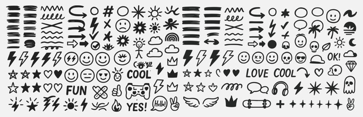 Doodle Icon Set – Hand-Drawn Black Marker Sketches of Emojis, Symbols, and Fun Elements