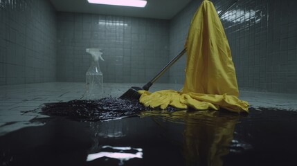 Cleaning tools abandoned after a large black spill in a tiled room