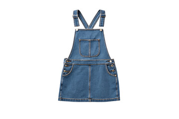 Blue denim pinafore dress with shoulder straps and chest pocket design, isolated on a transparent background
