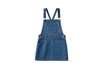 Blue denim overalls dress with adjustable straps and front pocket, isolated on a transparent background