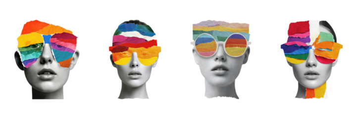 Colorful Abstract Faces Cut-Out Set. Vibrant Retro Collage Art Collection Isolated On Transparent Background