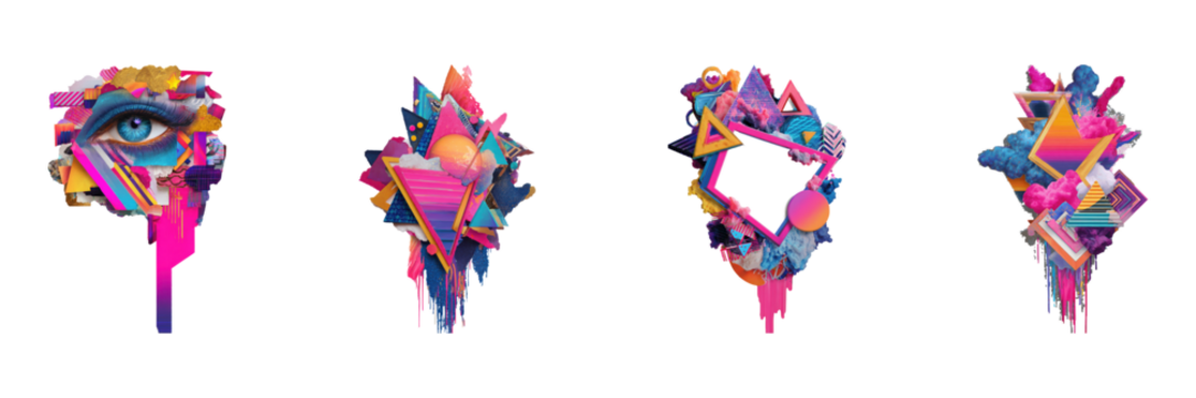 Retro Geometric Abstract Cut-Out Set. Vibrant 80S-Inspired Collage Collection Isolated On Transparent Background
