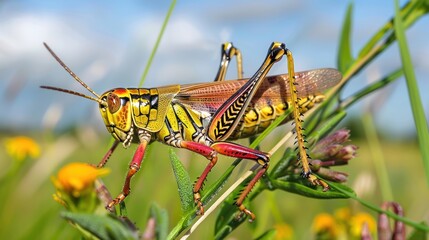 Colorful grasshopper perched on grass