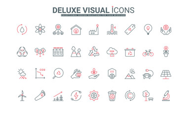 Development of green energy production, reduction of CO2 emissions into environment line icons set. Zero carbon technology, smart house, electric car thin black and red symbols, vector illustration