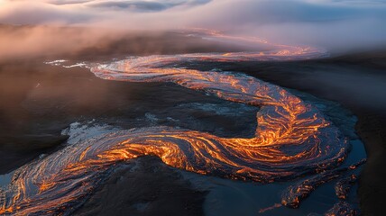 Volcanic Eruption Lava Flow with Glowing Orange Patterns