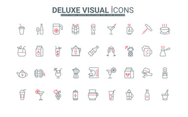 Drinks of bar and restaurant menu thin black and red line icons set vector illustration. Outline summer cocktails and soda symbols, bottle and glass of alcohol or juice, tea and coffee, water with ice