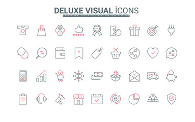 Ecommerce thin black and red line icons set vector illustration. Outline symbols of online commerce strategy, social media advertising campaign of price and sales, mobile app and webshop, call center