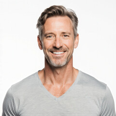 Obraz premium Mature Man with a Genuine Smile: This image captures the essence of aging gracefully, with a focus on the radiant smile of a mature man. The image conveys a sense of confidence, warmth.