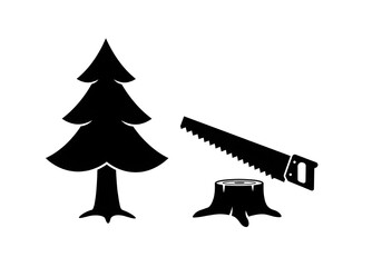 A black and white illustration of a tree a stump and a saw on a white background space for text