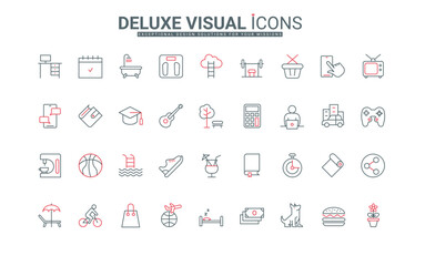 Daily life planner line icons set. Everyday routine at home and work task in office, music and walk with dog, lifestyle collection of thin black and red outline symbols, car travel vector illustration