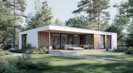 Modern white house with wooden deck, nestled in forest