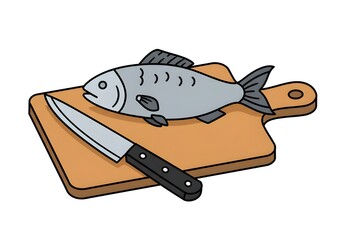 A cartoon illustration of a fish on a wooden cutting board with a knife lying beside it ready to cut