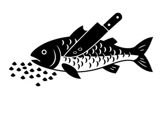 A black and white illustration of a fish being cut with a knife and some small black dots