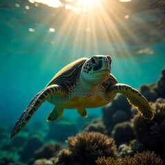 Obraz premium Closeup of a green sea turtle swimming underwater under the lights