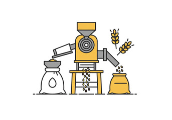 A simple illustration of a grain mill with wheat and bags on a white background design art