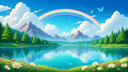 Beautiful Rainbow Over Mountain Lake - Scenic Nature Landscape with Forest and Blue Sky