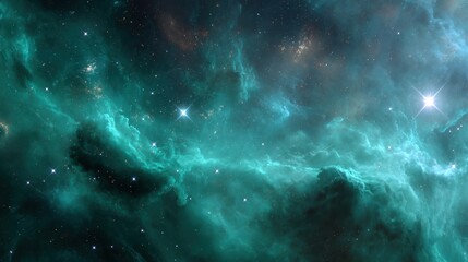 Fototapeta premium Vibrant teal nebula swirls with distant stars isolated on white background