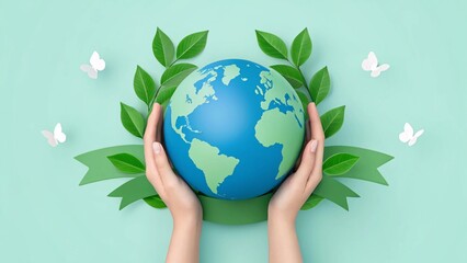 Hands Protecting Earth Globe with Green Leaves - Environmental Conservation and Sustainability Concept